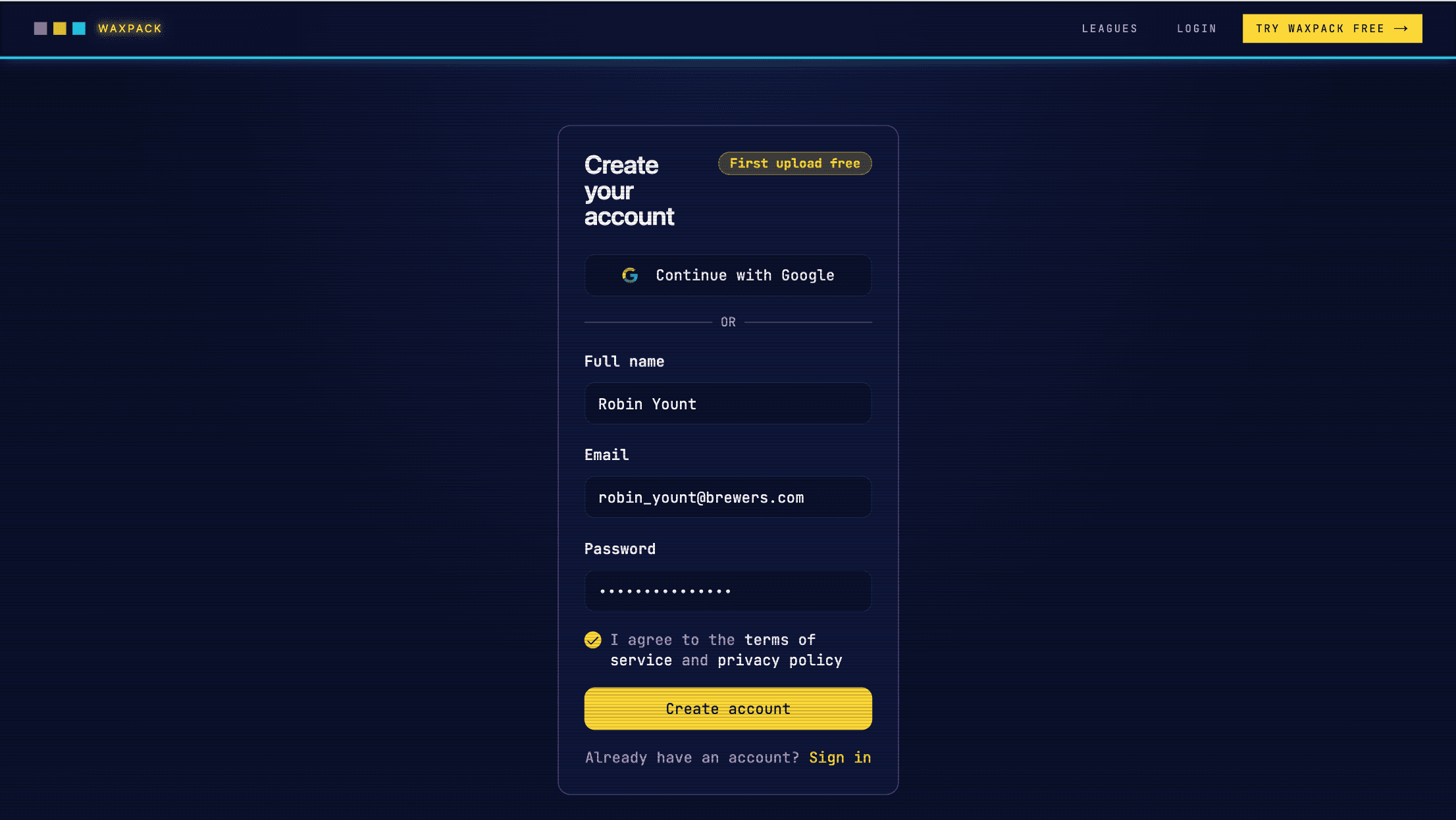 WaxPack Create your account sign-up form