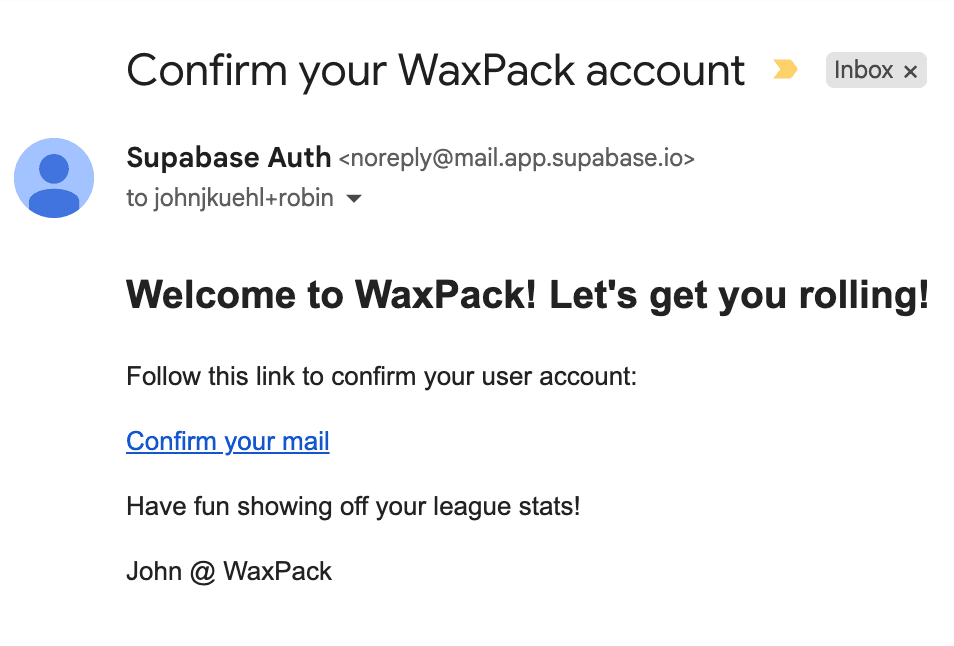 WaxPack confirmation email in Gmail