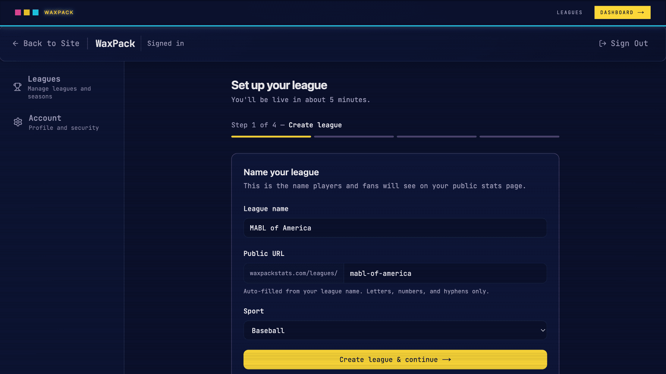 League setup step 1 of 4 — Name your league