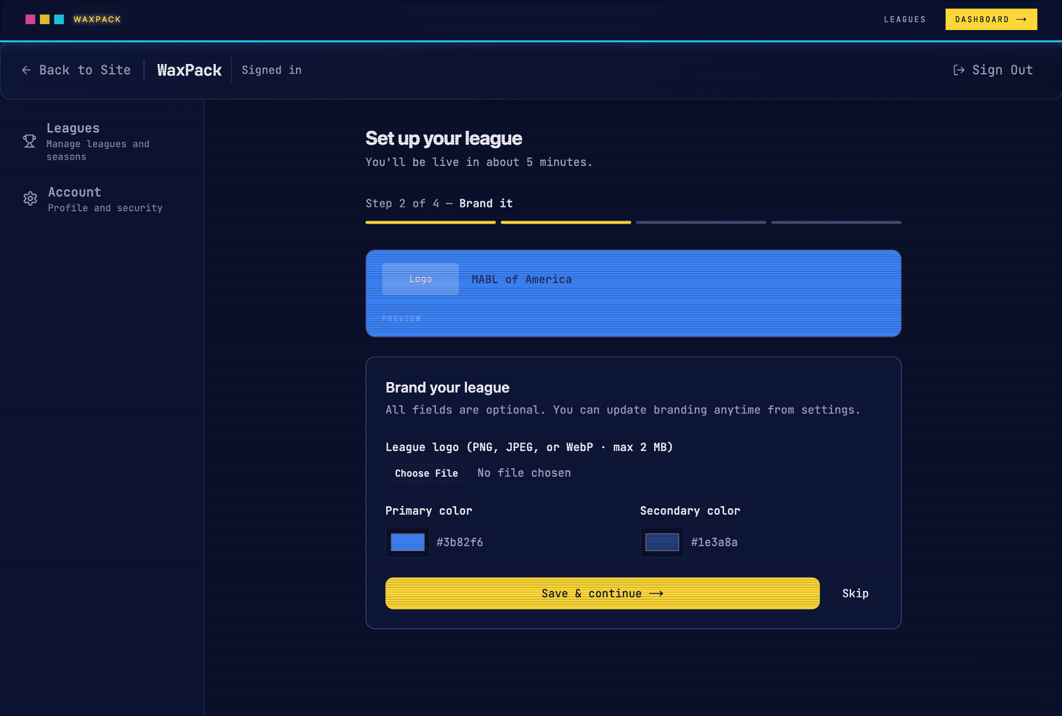 League setup step 2 of 4 — Brand it