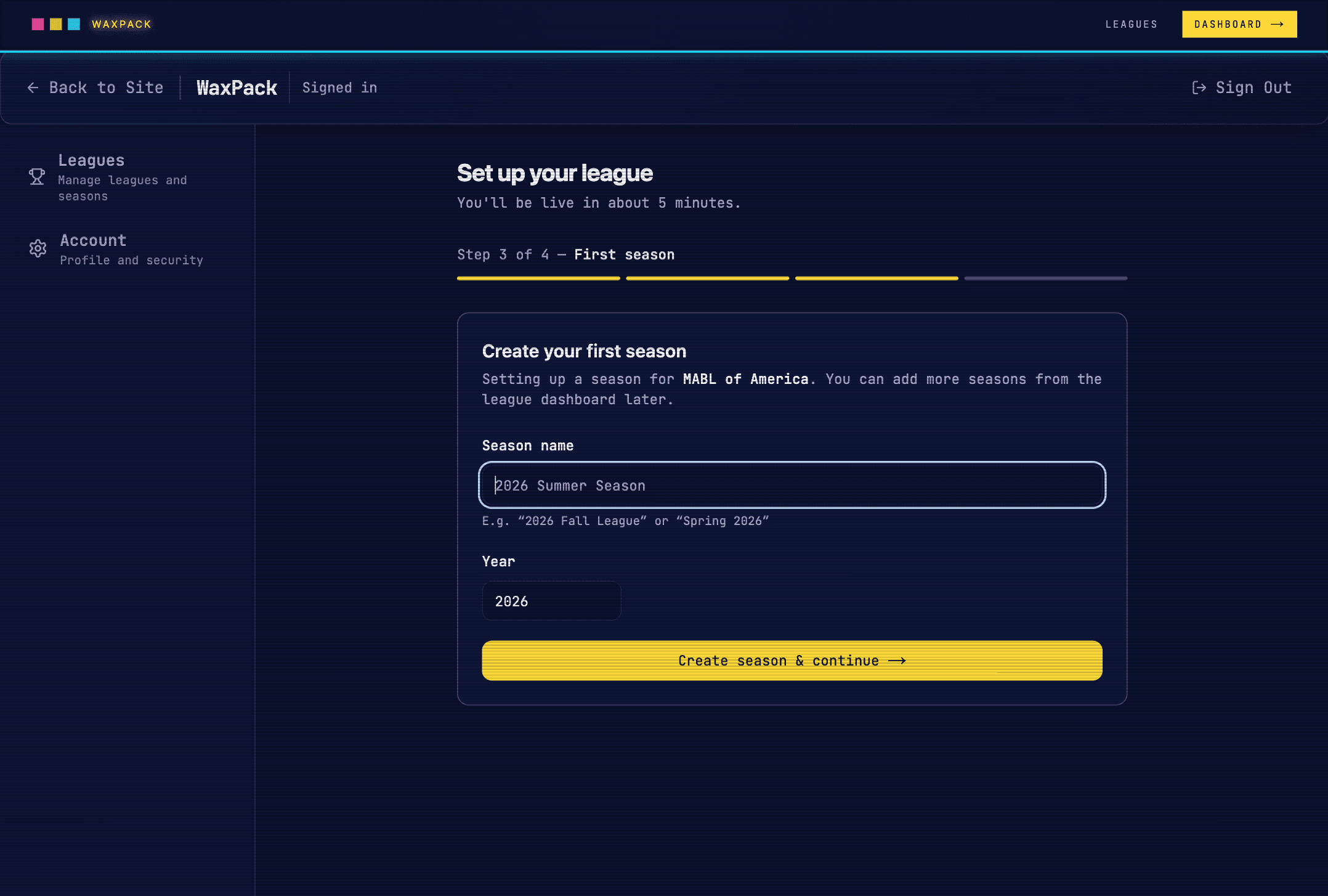 League setup step 3 of 4 — First season