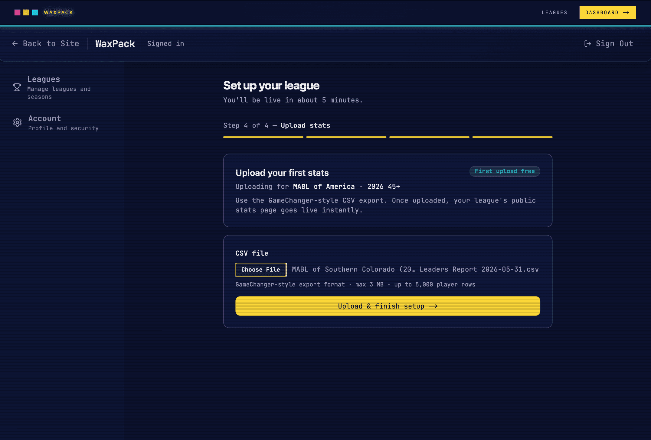 League setup step 4 of 4 — Upload stats