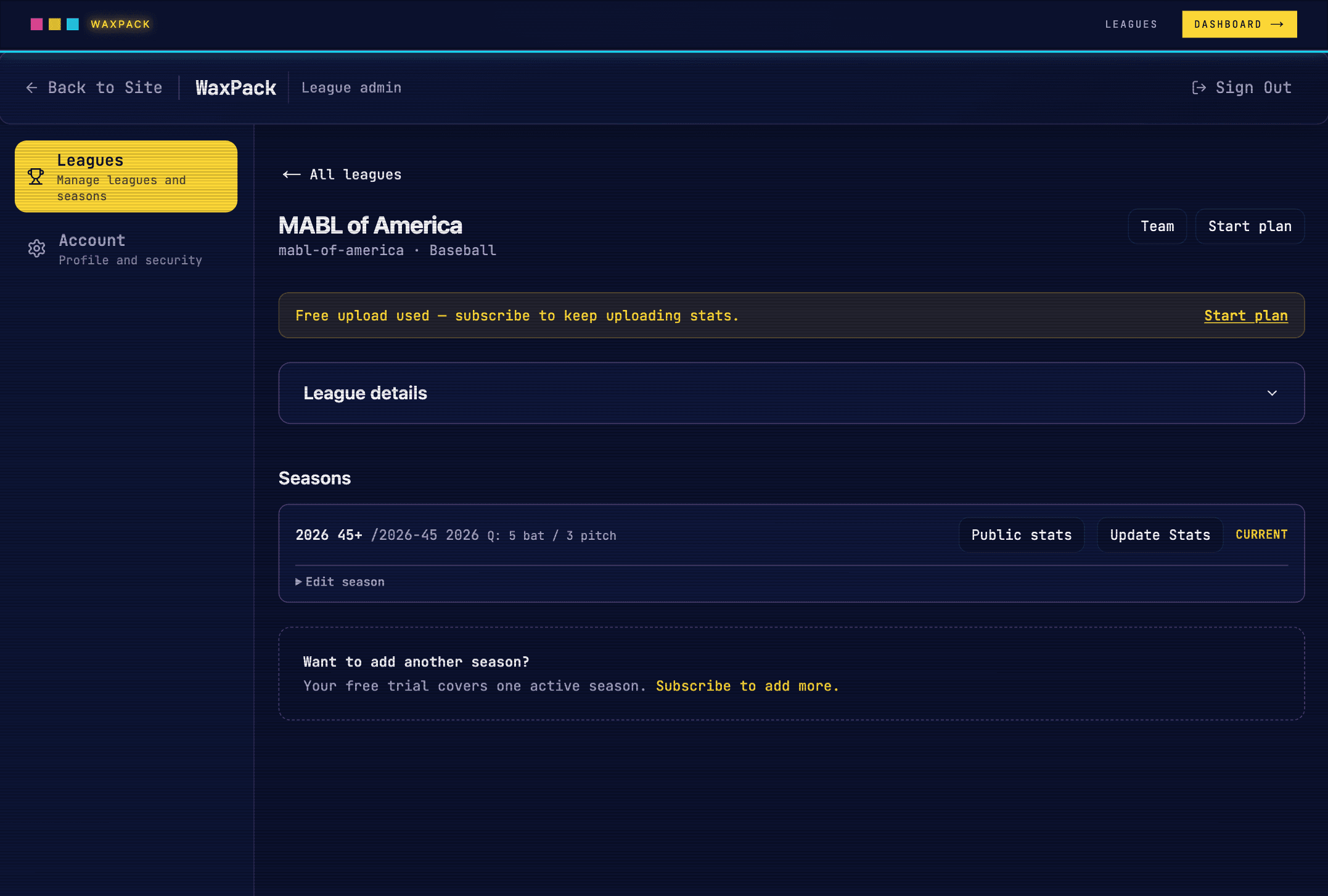 League dashboard — MABL of America
