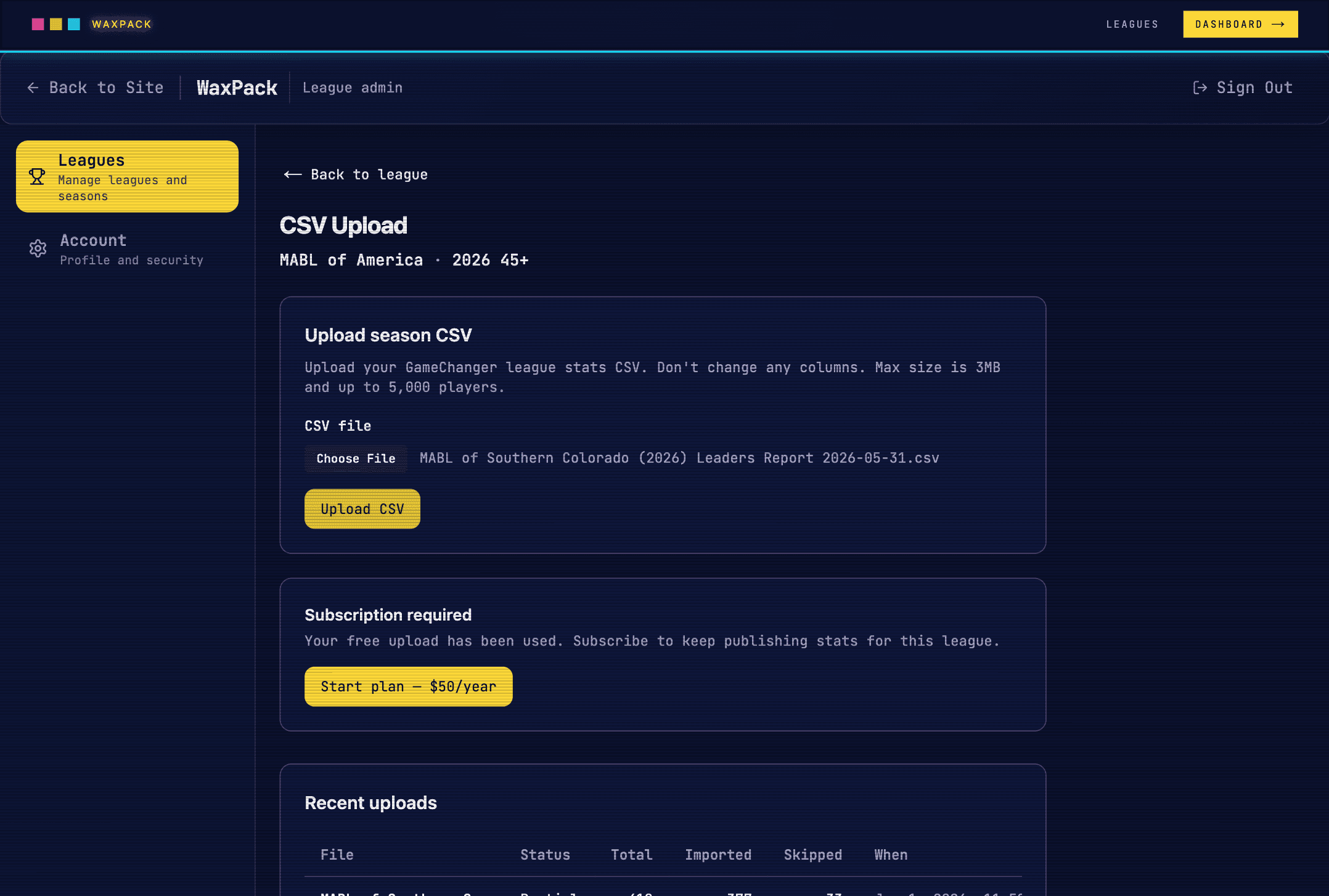 CSV Upload page with subscription prompt