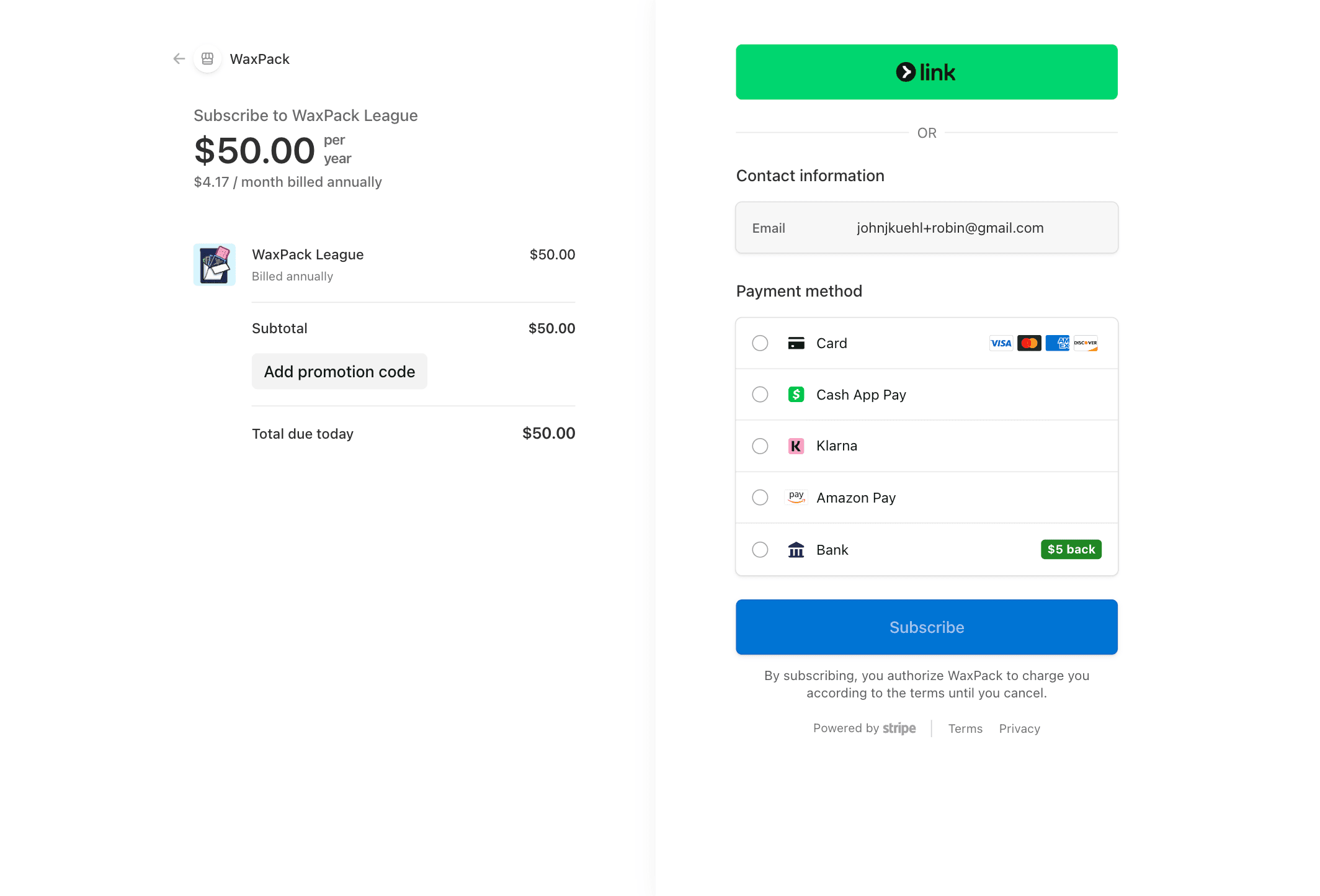Stripe checkout — WaxPack League $50/year